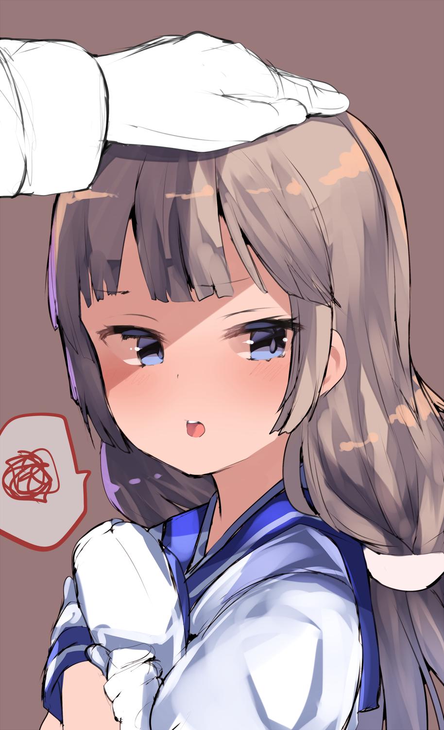 1girl, 1other, atsutoku, blue_sailor_collar, brown_background, commentary_request, gloves, grey_hair