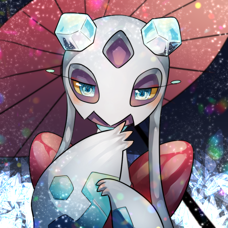 back_bow, blue_eyes, blush, bow, commentary_request, crystal, eyeshadow, froslass