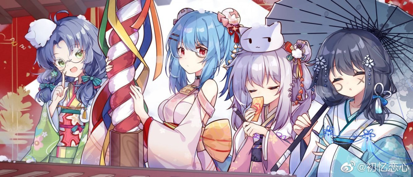 4girls, alternate_costume, animal, animal_on_head, black_hair, blue_hair, closed_eyes, commentary_request