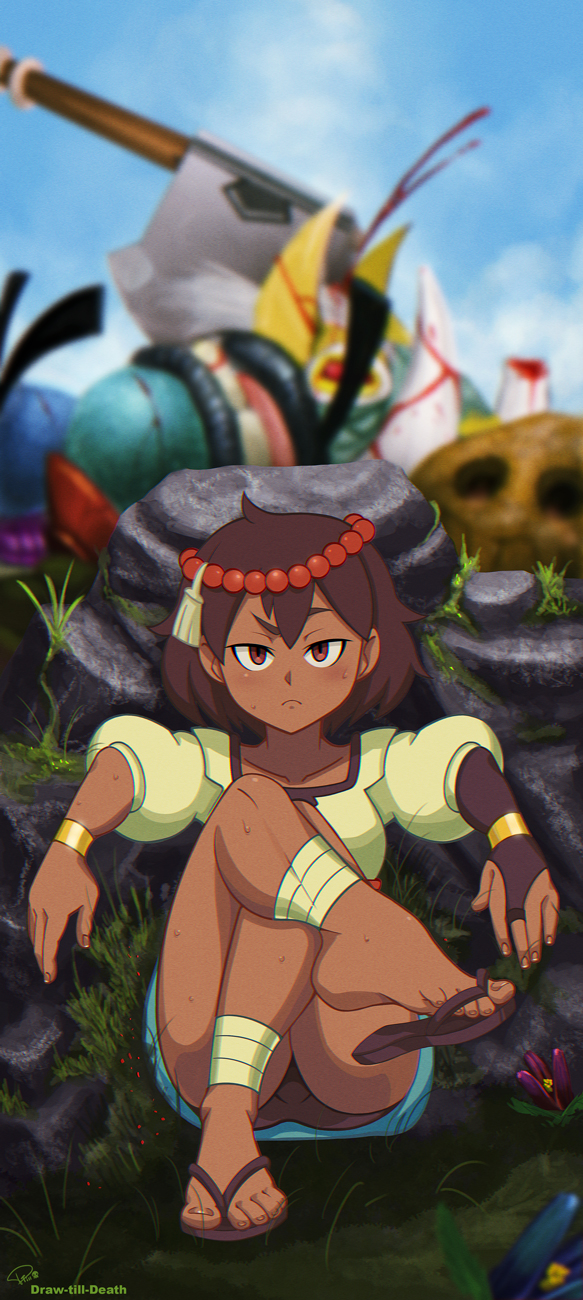 1girl, ajna_(indivisible), anklet, artist_name, axe, bangs, beads, black_eyes