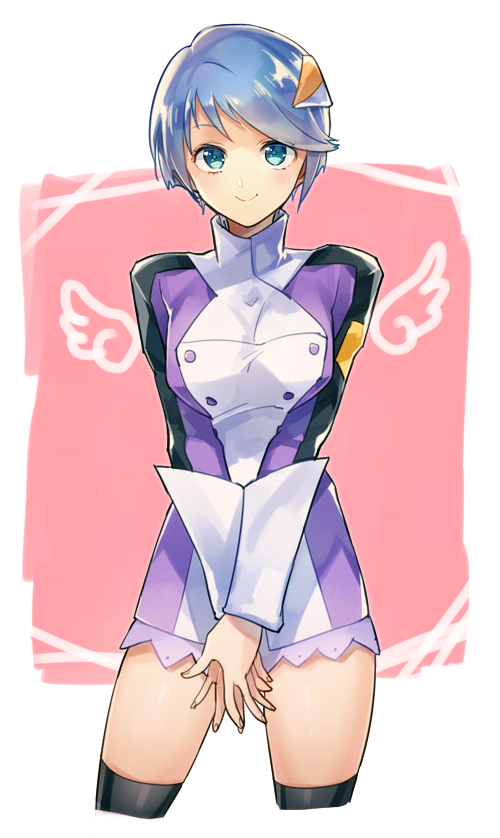 1girl, black_legwear, blue_eyes, blue_hair, cowboy_shot, hair_ornament, looking_at_viewer, scheris_adjani