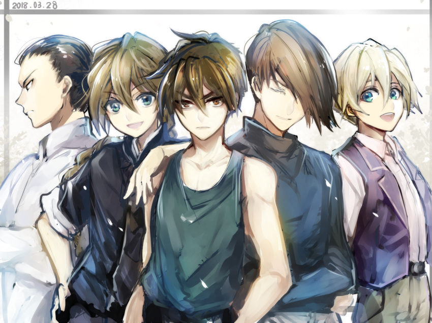 5boys, alternate_eye_color, arm_on_shoulder, belt, black_eyes, black_shirt, blonde_hair, blue_eyes