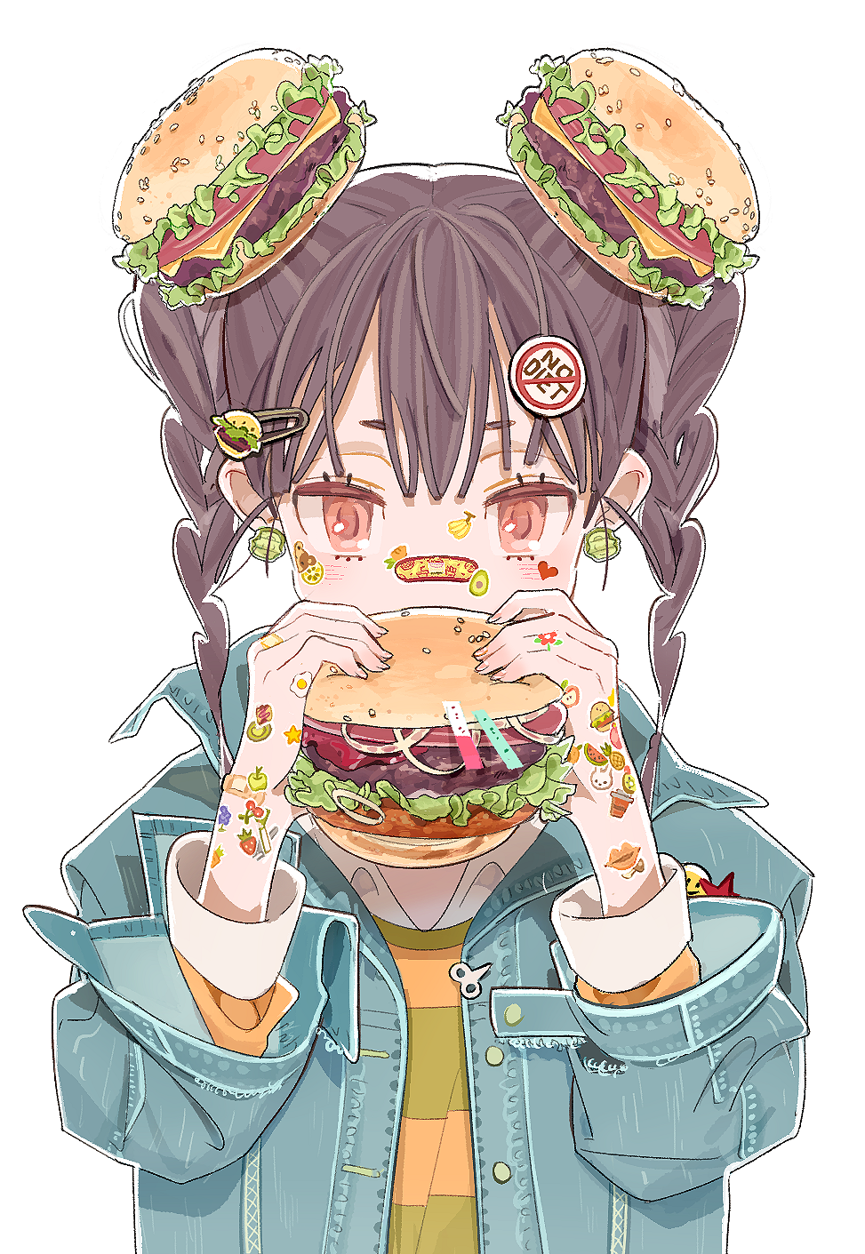 1girl, bandaid, blush, brown_hair, cheese, eating, fast_food, food