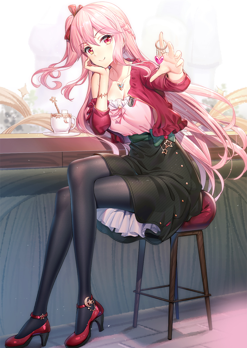 >:), 1girl, bangs, black_legwear, black_skirt, bow, braid, closed_mouth