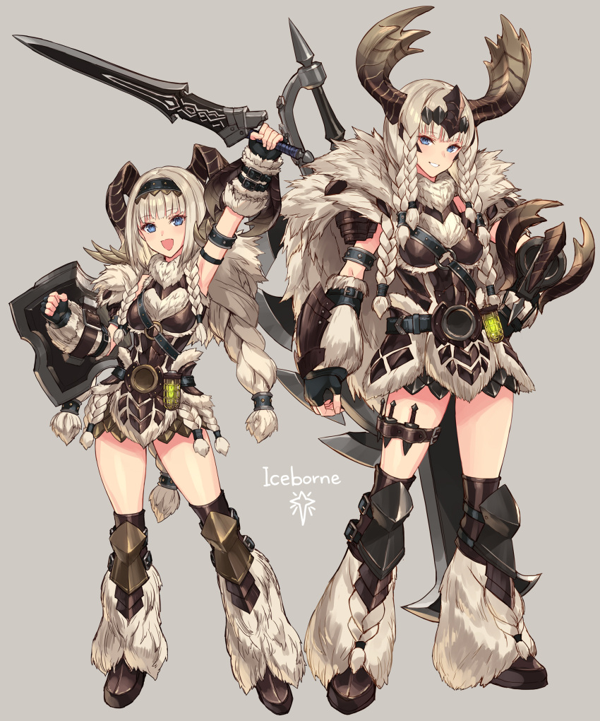 2girls, absurdres, arm_up, armlet, armor, armpits, banbaro_(armor), belt