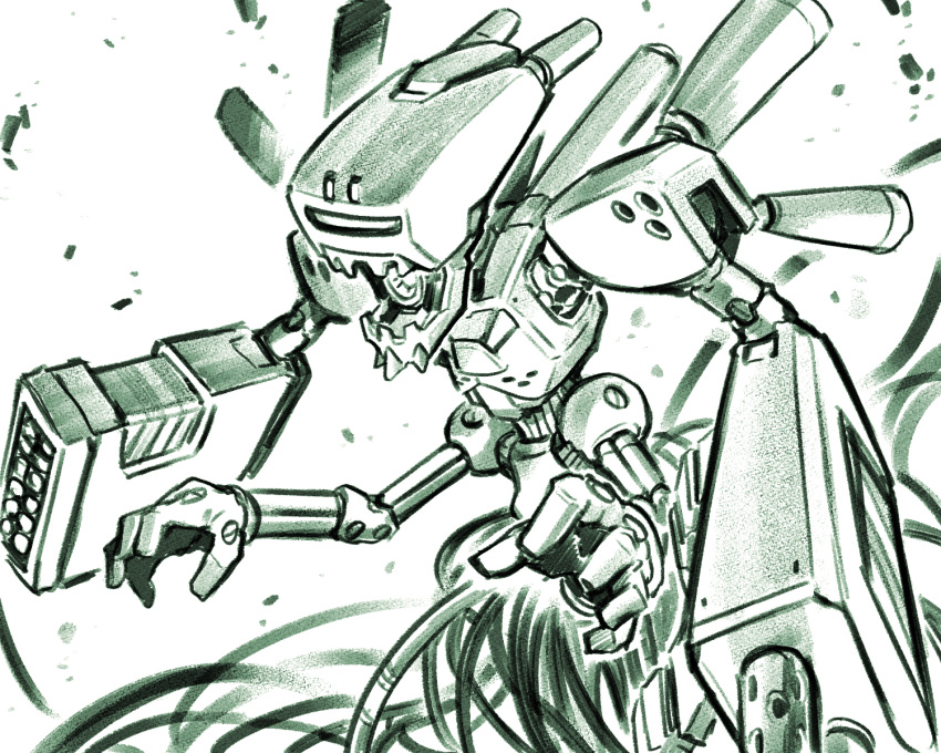 beast_master_(medarot), extra_arms, greyscale, highres, ishiyumi, looking_away, medarot, missile_pod, monochrome, open_mouth, robot, solo, tentacles, white_background