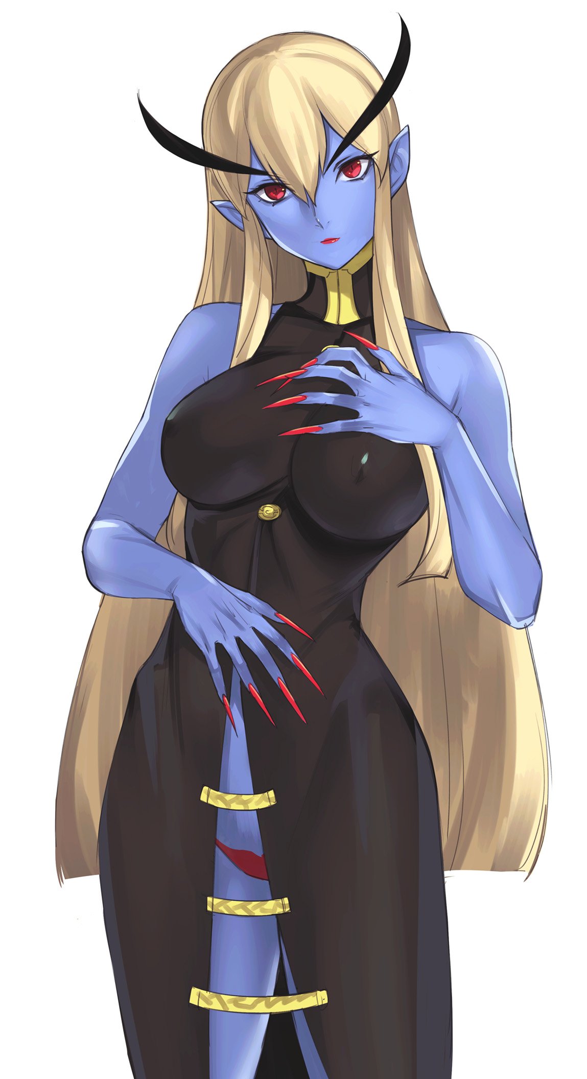 1girl, black_dress, blonde_hair, blue_skin, breasts, commentary_request, covered_nipples, demon_girl