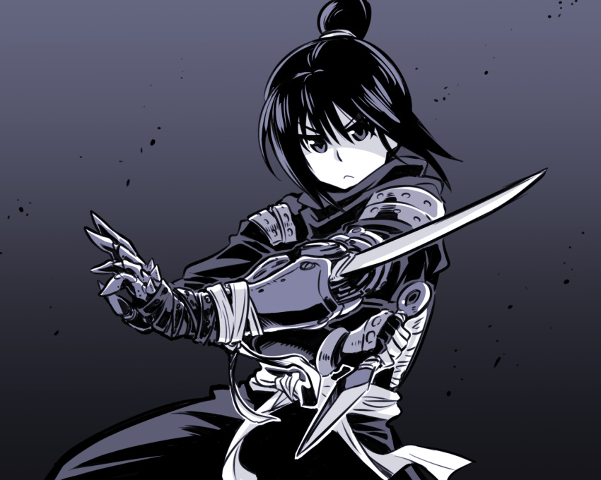 1girl, :<, bandaged_arm, bandages, cowboy_shot, elbow_blade, fighting_stance, fullmetal_alchemist