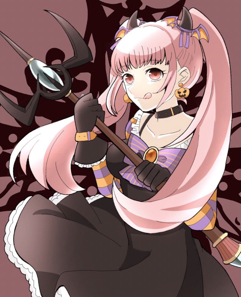 1girl, :q, black_gloves, collar, demon_horns, dress, earrings, fire_emblem