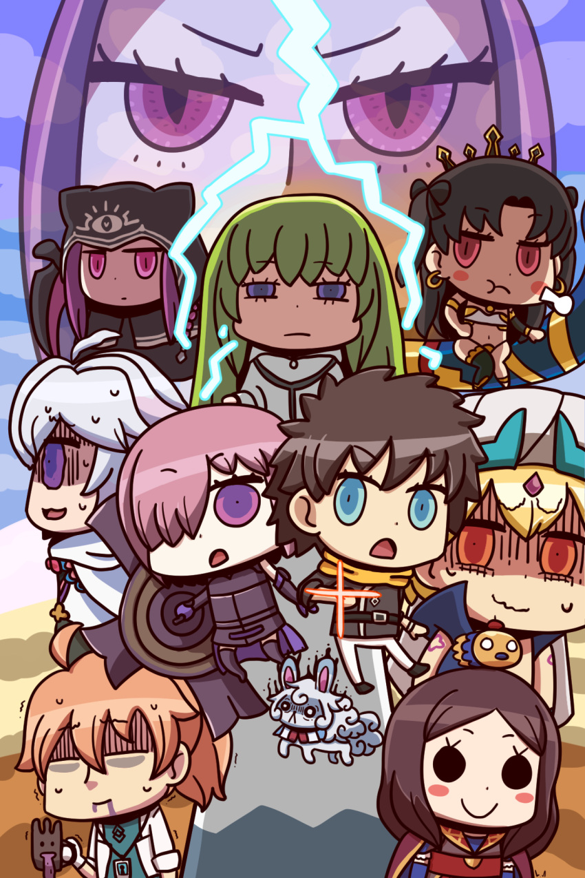 1other, 4boys, 5girls, androgynous, arabian_clothes, armor, armored_dress, asymmetrical_legwear