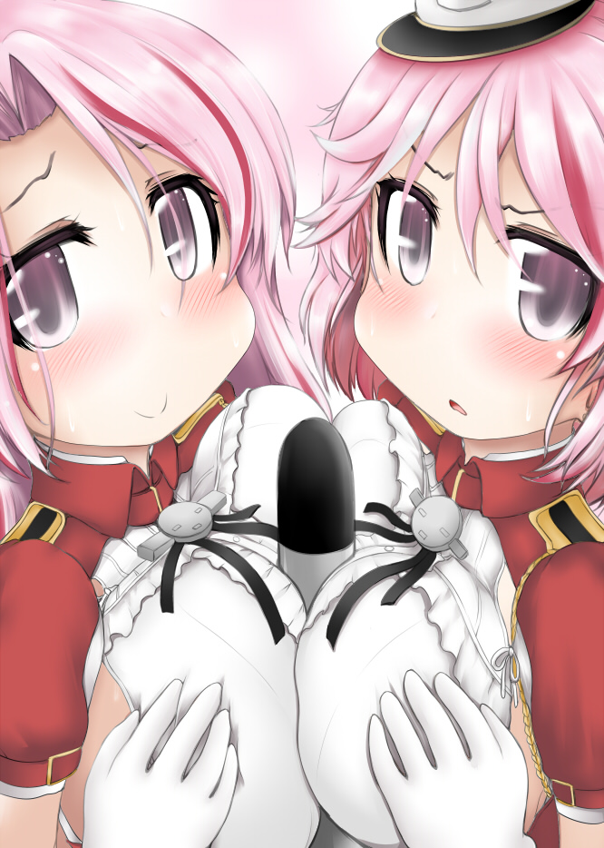 2girls, armpit_cutout, blush, breast_press, breasts, giuseppe_garibaldi_(kantai_collection), gloves, grey_eyes