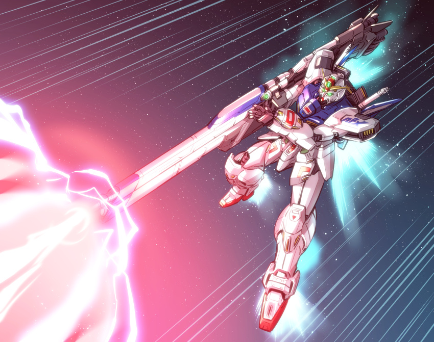 beam, beam_cannon, firing, green_eyes, gundam, highres, ishiyumi, mecha