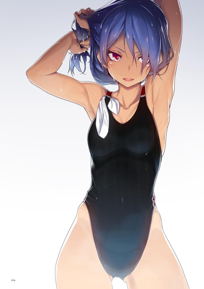 1girl, armpits, arms_up, ass_visible_through_thighs, black_swimsuit, blue_hair, breasts, competition_swimsuit