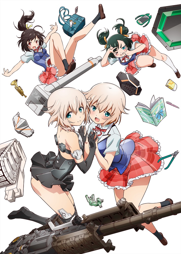3girls, ahoge, aqua_eyes, bag, bare_legs, black_gloves, black_legwear, brown_hair