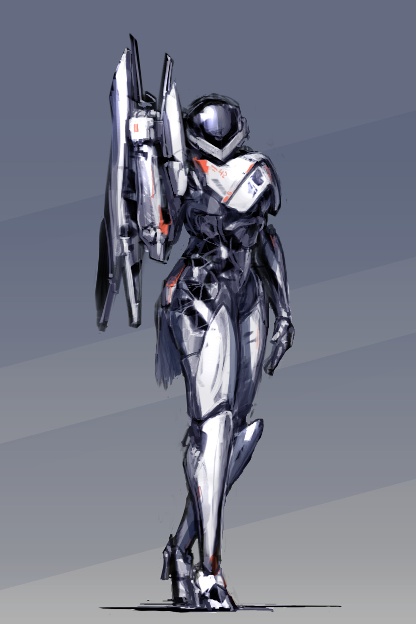 absurdres, full_body, grey_background, helmet, highres, holding, holding_weapon, ksenolog
