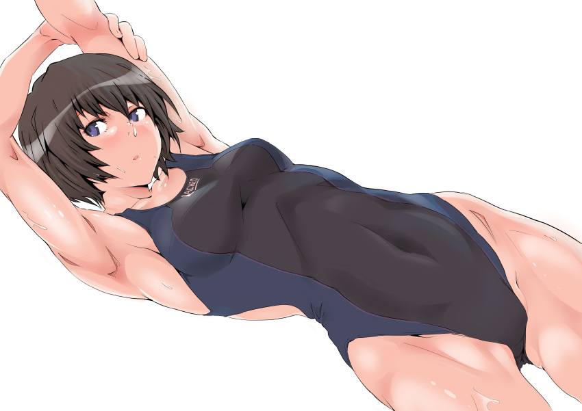 1girl, absurdres, amagami, arms_up, ass_visible_through_thighs, black_eyes, black_hair, black_swimsuit