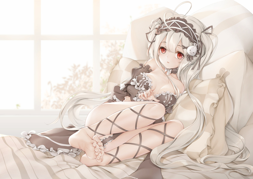 1girl, ahoge, bare_shoulders, barefoot, bed, between_legs, black_dress, breasts
