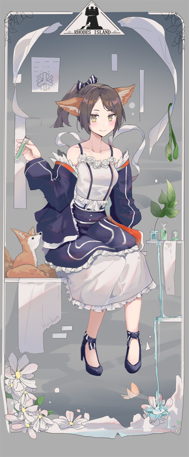1girl, animal_ears, arknights, bare_shoulders, black-shoes, blue_jacket, blush, breasts