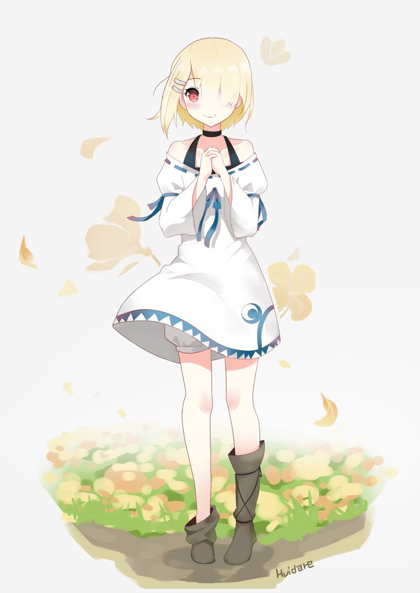 1girl, absurdres, aku_(maou-sama_retry!), artist_name, bare_shoulders, blonde_hair, blue_ribbon, boots