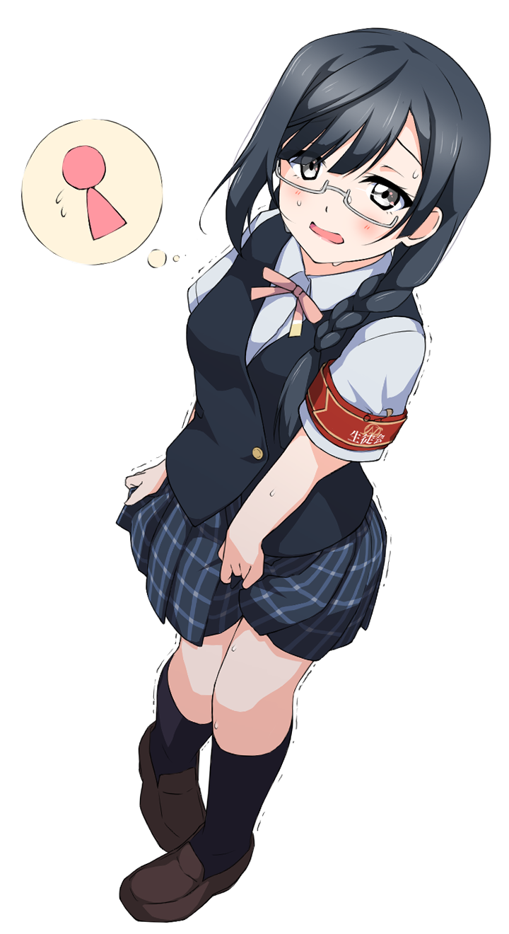 1girl, armband, azukilib, bangs, between_legs, black_eyes, black_hair, black_legwear, black_skirt, black_vest, blush, braid, breasts, brown_footwear, clothes_writing, commentary_request, embarrassed, flying_sweatdrops, from_above, full_body, glasses, grey-framed_eyewear, hand_between_legs, have_to_pee, highres, kneehighs, long_hair, looking_at_viewer, love_live!, love_live!_school_idol_project, miniskirt, neck_ribbon, open_mouth, pink_neckwear, pink_ribbon, plaid, plaid_skirt, pleated_skirt, ribbon, safety_pin, school_uniform, shiny, shiny_hair, shirt, shoes, simple_background, single_braid, skirt, small_breasts, solo, standing, sweat, thought_bubble, tied_hair, translated, trembling, vest, white_background, white_shirt, yuuki_setsuna_(love_live!)