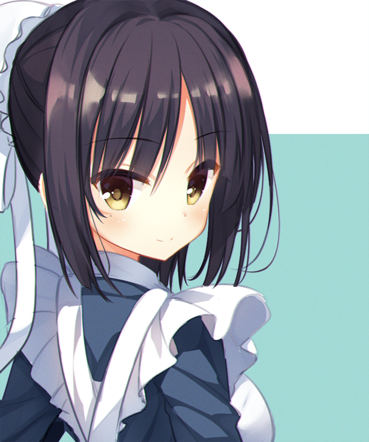 1girl, apron, bangs, black_hair, blue_dress, blush, breasts, brown_eyes