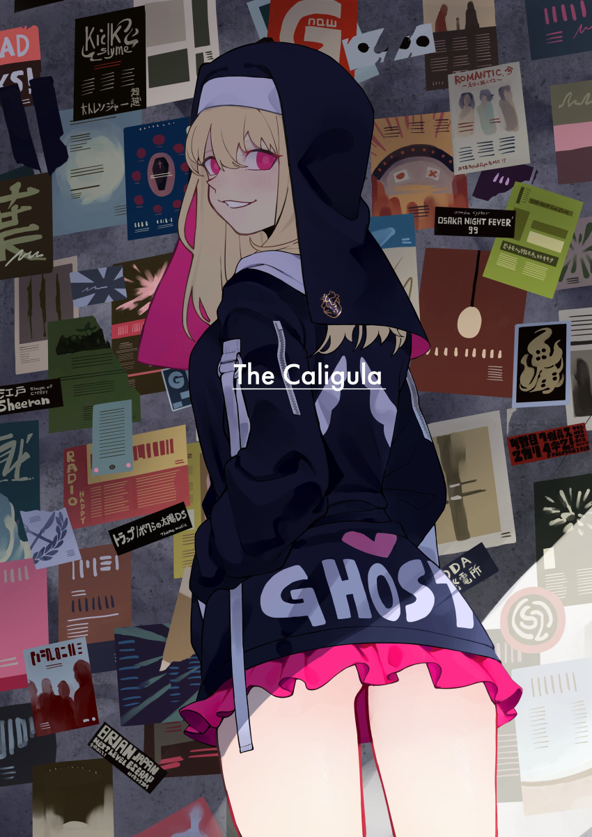 1girl, absurdres, blonde_hair, hands_in_pockets, headdress, highres, hood, hoodie