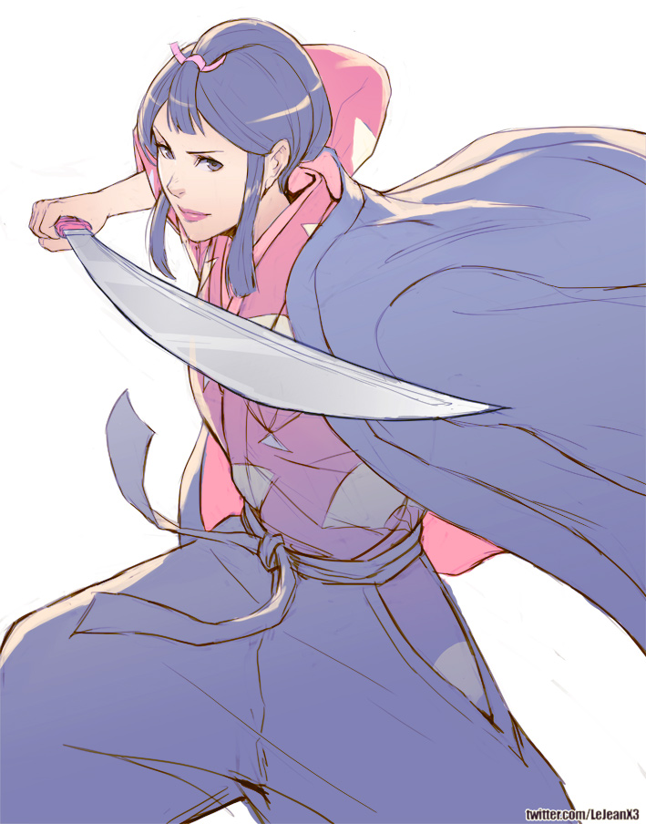 1girl, black_hair, breasts, closed_mouth, eboshi, japanese_clothes, lipstick, looking_at_viewer, makeup, medium_hair, mononoke_hime, rejean_dubois, simple_background, solo, standing, sword, twitter_username, weapon, white_background