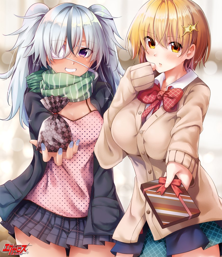2girls, :o, black_skirt, blonde_hair, blue_nails, blush, bow, bowtie