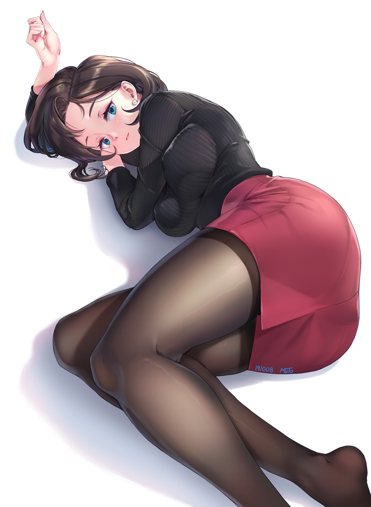 1girl, arm_up, artist_name, ass, bangs, black_legwear, black_sweater, blue_eyes