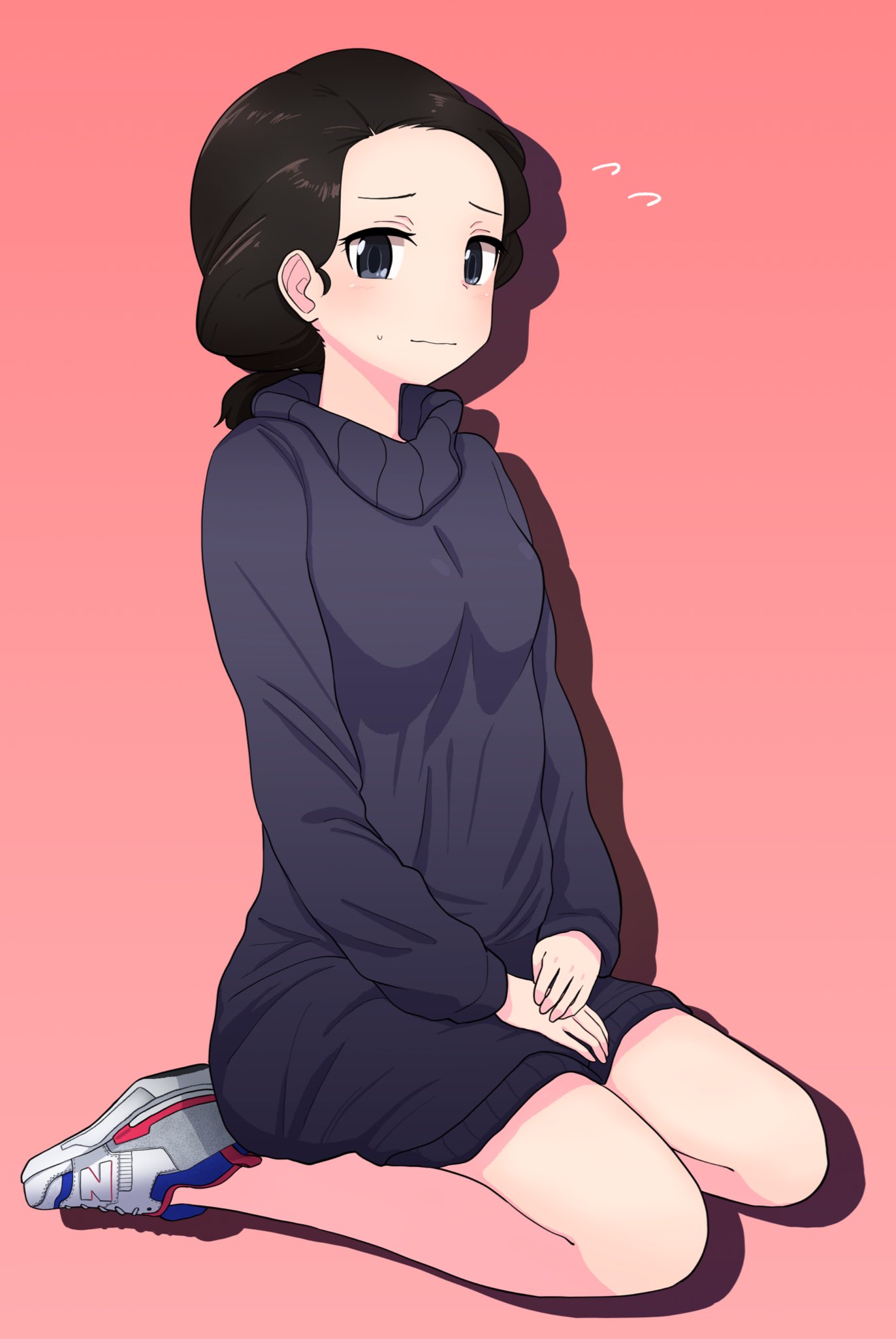 1girl, asutoro_(s--t), black_dress, black_eyes, black_hair, blush, casual, closed_mouth, commentary, dress, flying_sweatdrops, girls_und_panzer, hair_tie, hamada_(girls_und_panzer), hands_on_lap, highres, light_frown, long_sleeves, looking_at_viewer, medium_hair, no_socks, pink_background, seiza, shoes, short_ponytail, silhouette, simple_background, sitting, sneakers, solo, sweatdrop, sweater, sweater_dress, turtleneck, white_footwear
