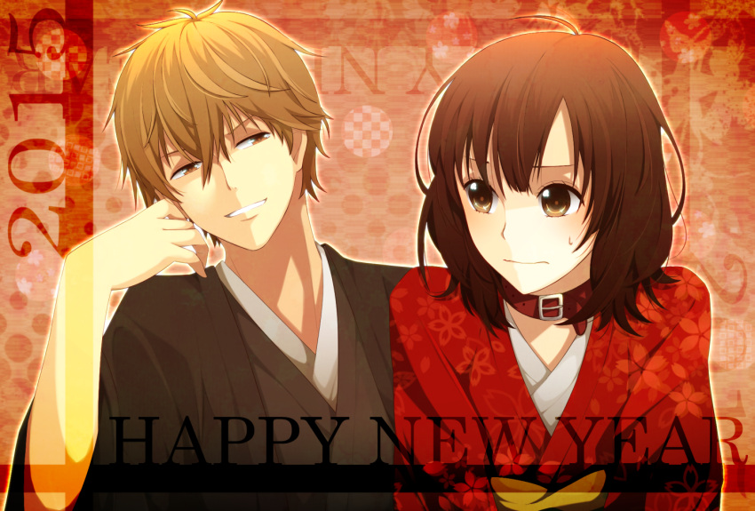 1boy, 1girl, 2015, ahoge, bangs, black_kimono, blonde_hair, brown_eyes