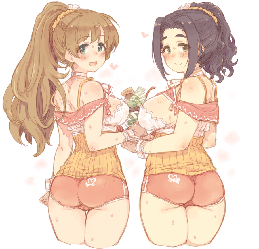 2girls, 7010, ascot, bangs, black_hair, blush, breasts, brown_hair