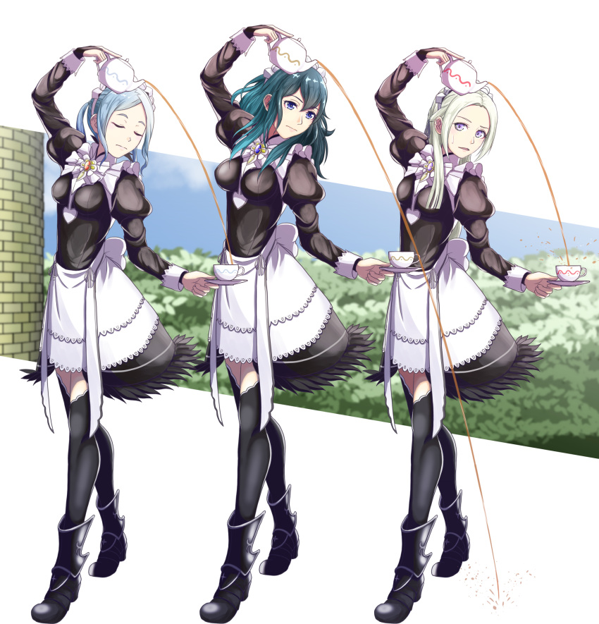 3girls, black_legwear, blonde_hair, blue_eyes, blue_hair, bridal_gauntlets, byleth_(fire_emblem), byleth_eisner_(female)