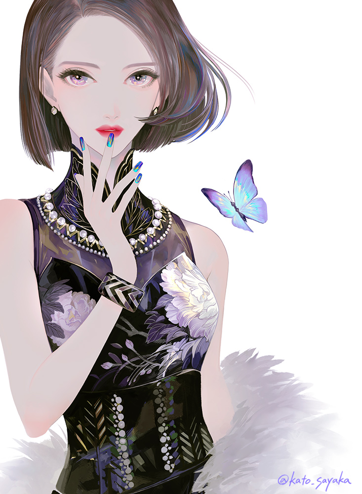 1girl, bob_cut, bracelet, brown_hair, bug, butterfly, dress, earrings