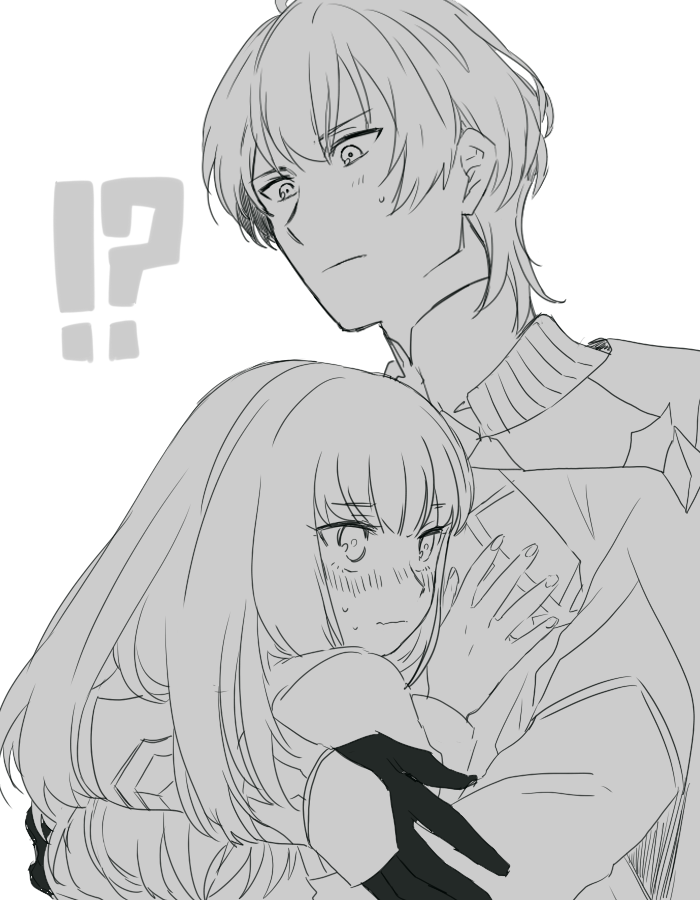 !?, 1boy, 1girl, armor, blush, byleth_(fire_emblem), byleth_eisner_(male), closed_mouth, fire_emblem, fire_emblem:_three_houses, greyscale, hug, long_hair, lysithea_von_ordelia, monochrome, saichi_(meme+), short_hair, simple_background, white_background