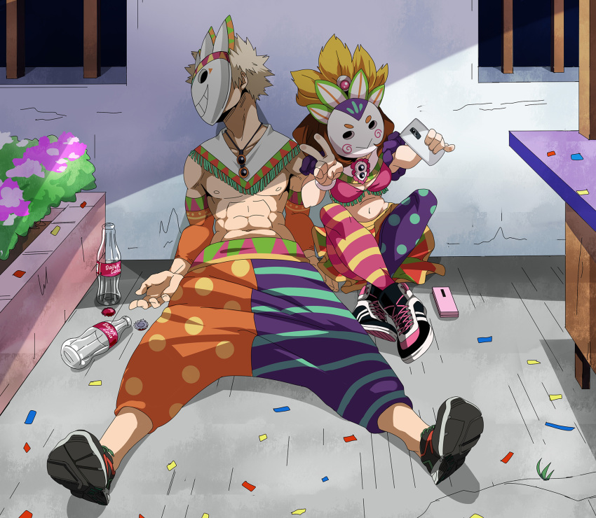 1boy, 1girl, abs, against_wall, bakugou_katsuki, boku_no_hero_academia, bottle, bottle_cap