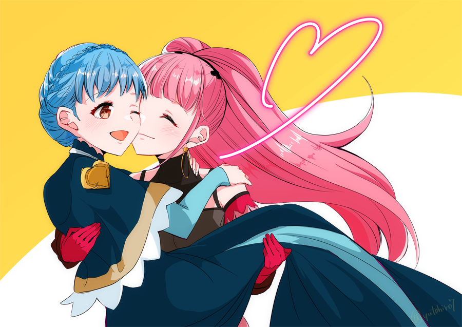 2girls, blue_hair, braid, brown_eyes, carrying, closed_eyes, closed_mouth, crown_braid, dress, earrings, fire_emblem, fire_emblem:_three_houses, gloves, hilda_valentine_goneril, jewelry, long_hair, marianne_von_edmund, multiple_girls, one_eye_closed, open_mouth, pink_hair, ponytail, princess_carry, red_gloves, simple_background, twitter_username, yuri, yutohiroya