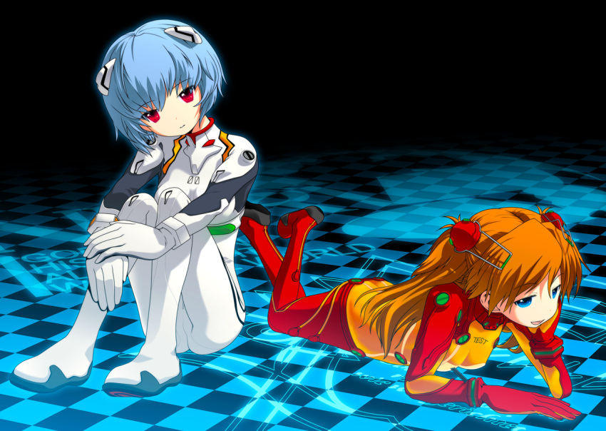 2girls, ayanami_rei, blue_eyes, blue_hair, breasts, butt_crack, checkered, evangelion:_2.0_you_can_(not)_advance