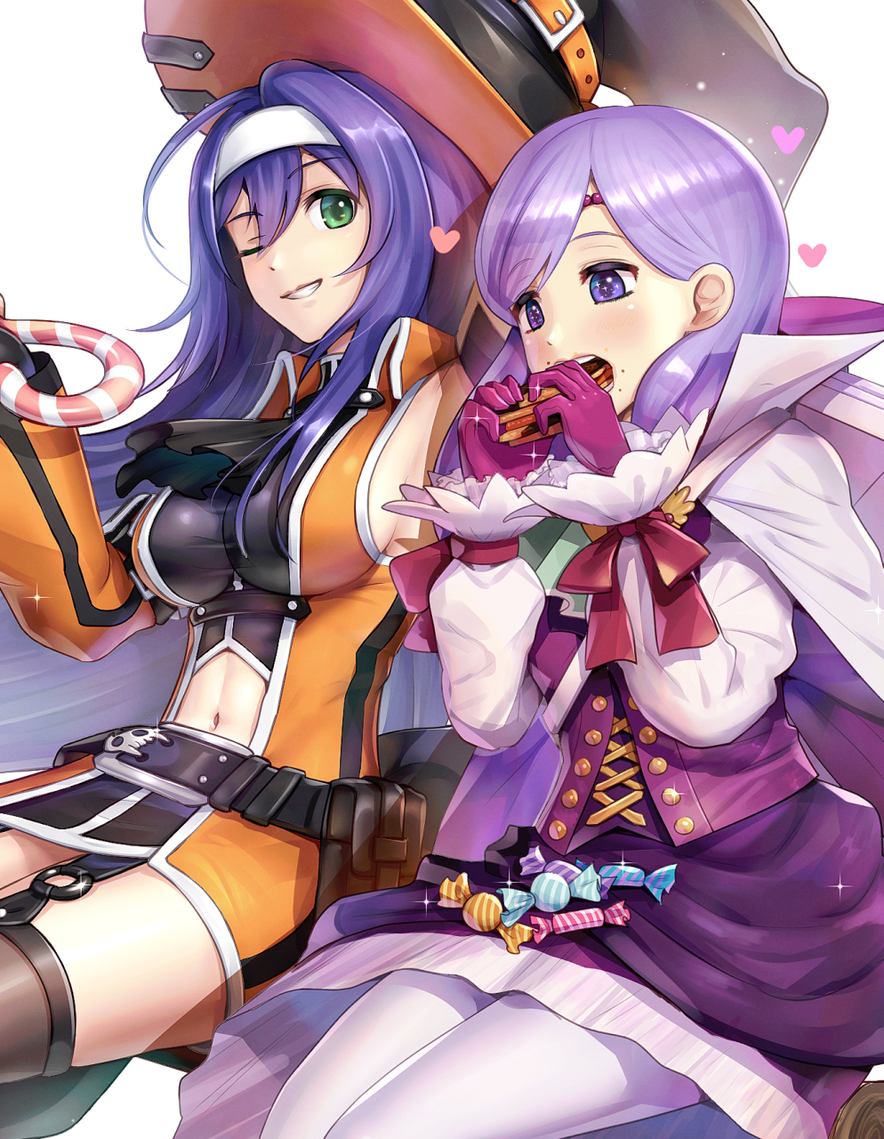 2girls, adapted_costume, blue_hair, breasts, buttons, candy, candy_wrapper, cape, circlet, dress, eating, fire_emblem, fire_emblem:_akatsuki_no_megami, fire_emblem:_path_of_radiance, fire_emblem:_radiant_dawn, fire_emblem:_souen_no_kiseki, fire_emblem_heroes, food, gloves, gonzarez, green_eyes, grin, hairband, halloween, halloween_costume, hat, headband, heart, highres, ilyana_(fire_emblem), intelligent_systems, large_breasts, long_hair, long_sleeves, low-tied_long_hair, mia_(fire_emblem), midriff, multiple_girls, navel, nintendo, one_eye_closed, purple_gloves, purple_hair, sideboob, simple_background, smile, super_smash_bros., tight_dress, violet_eyes, wayu_(fire_emblem), white_background, white_hairband, white_headband, witch_hat