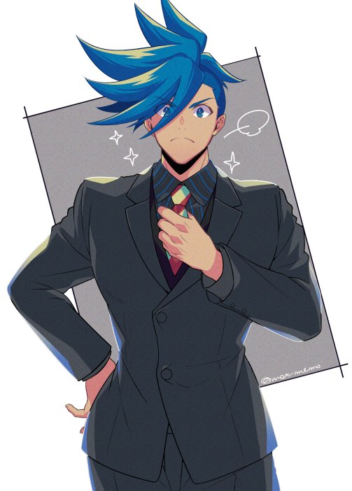 1boy, adjusting_clothes, blue_eyes, blue_hair, formal, galo_thymos, hand_on_hip, male_focus, mt966, necktie, promare, solo, sparkle, spiky_hair, suit