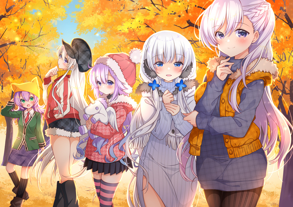 5girls, alternate_costume, autumn, autumn_leaves, azur_lane, beanie, belfast_(azur_lane), black_headwear