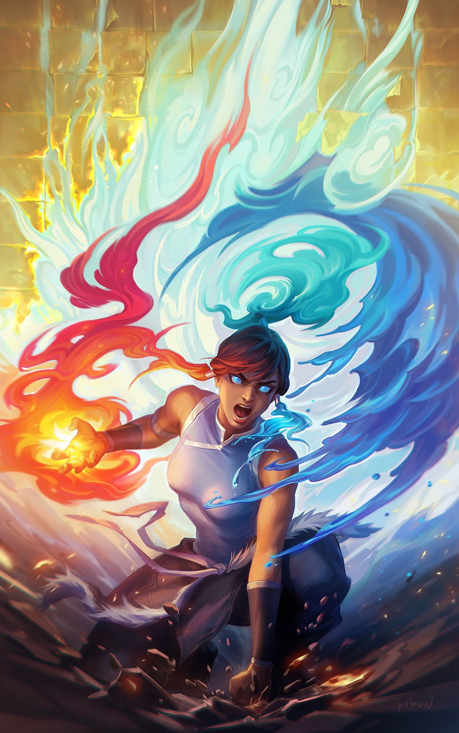 1girl, armband, avatar_legends, bare_shoulders, blue_eyes, boots, brick, brown_hair, clouds, cracked_floor, dark_skin, element_bending, fiery_hair, fire, glowing, glowing_eyes, hair_tubes, highres, korra, long_hair, ponytail, pukun, punching, solo, the_legend_of_korra, topknot, vambraces, water