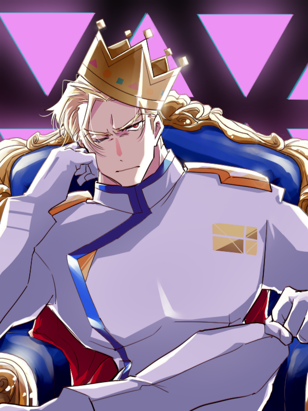 1boy, batakopart2, blonde_hair, crown, gloves, indoors, kray_foresight, long_sleeves