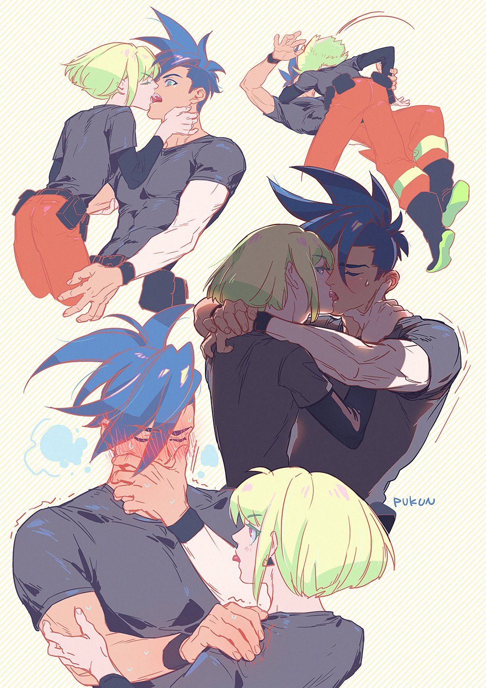 2boys, blue_eyes, blue_hair, blush, boots, firefighter, french_kiss, galo_thymos, green_hair, height_difference, highres, kiss, lio_fotia, male_focus, multiple_boys, promare, pukun, spiky_hair, tongue, tongue_out, trembling, yaoi