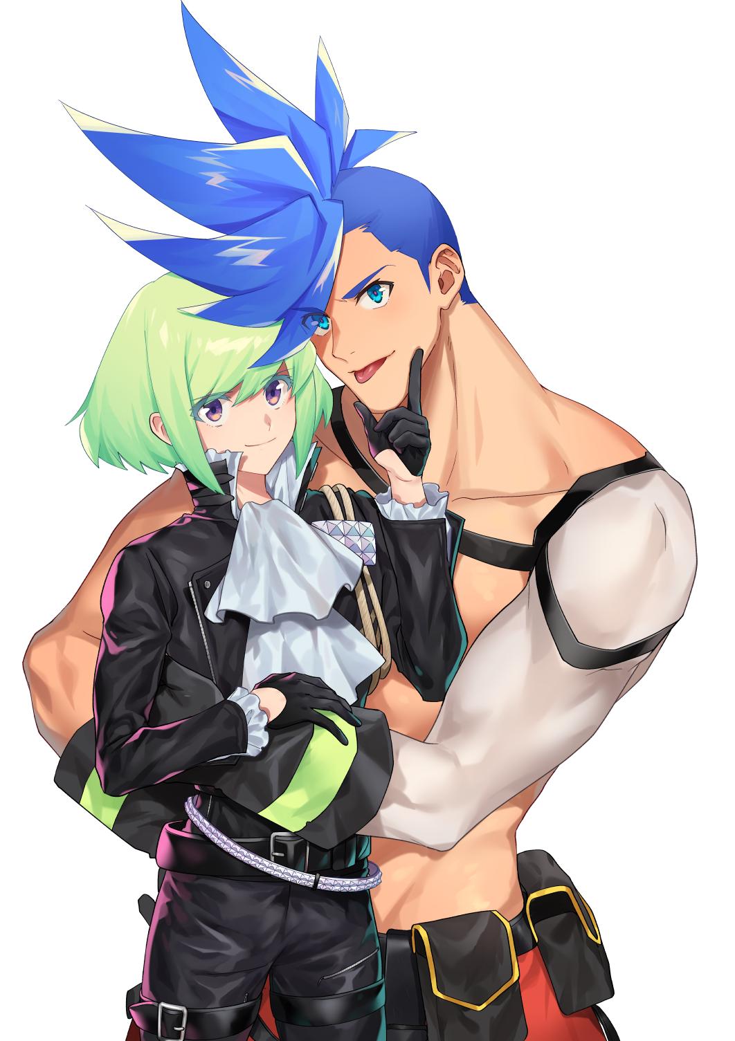 2boys, blue_eyes, blue_hair, chin_grab, cravat, galo_thymos, green_hair, highres