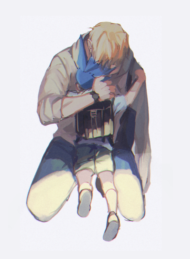2boys, backpack, bag, blonde_hair, blue_hair, child, galo_thymos, hug