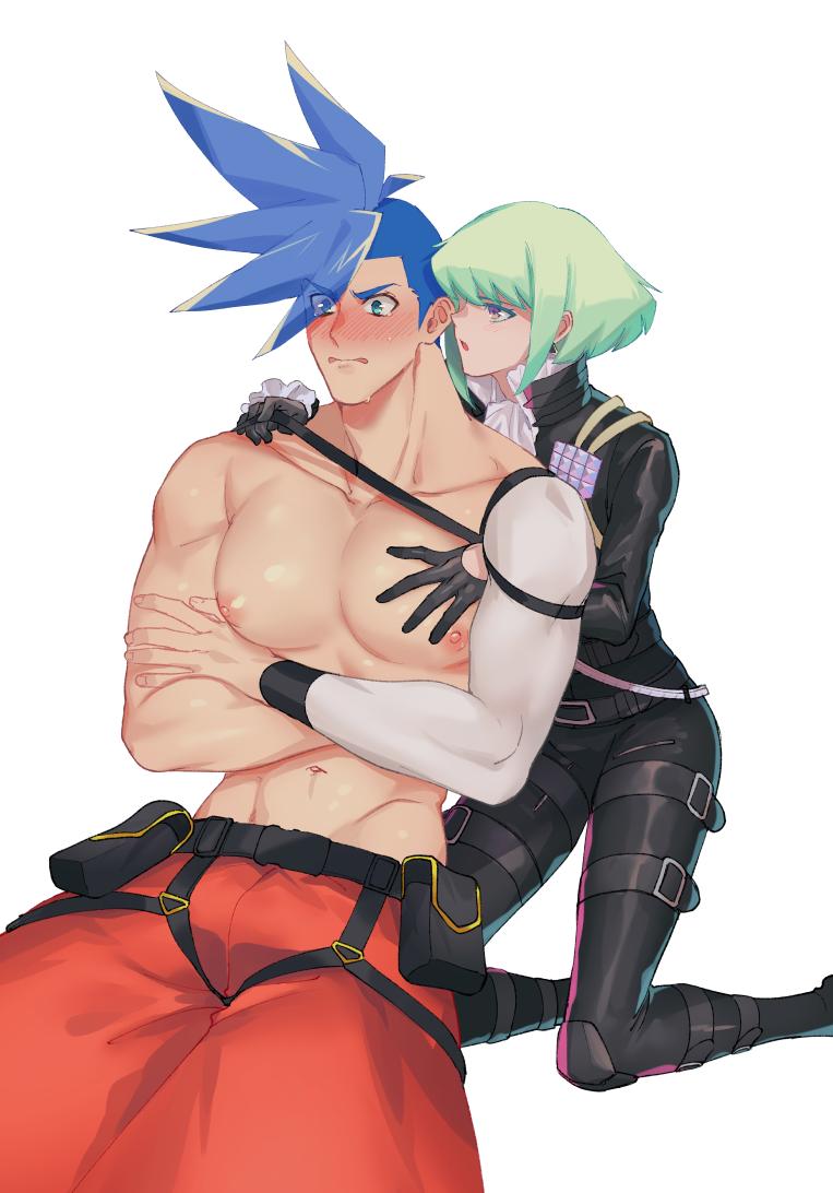 androgynous, black_gloves, black_jacket, blue_hair, blush, cravat, crossed_arms, galo_thymos