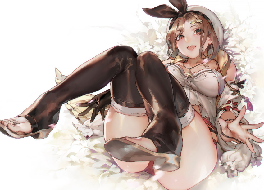 1girl, aoin, atelier_(series), atelier_ryza, belt, boots, bridal_legwear, brown_belt, brown_gloves, commentary_request, flask, floral_background, gloves, hair_ornament, hairclip, halterneck, highres, jacket, jewelry, leather, leather_gloves, necklace, on_ass, red_shorts, reisalin_stout, short_shorts, shorts, single_glove, sleeveless, sleeveless_jacket, solo, star, star_necklace, thick_thighs, thigh_pouch, thighs, toeless_boots, white_background, white_headwear, yellow_jacket