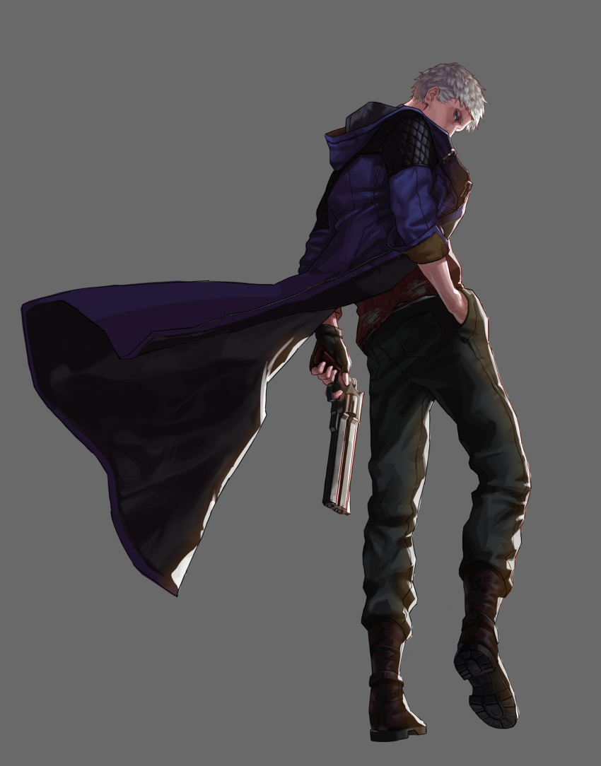1boy, absurdres, back, black_gloves, black_legwear, blue_coat, blue_eyes, boots