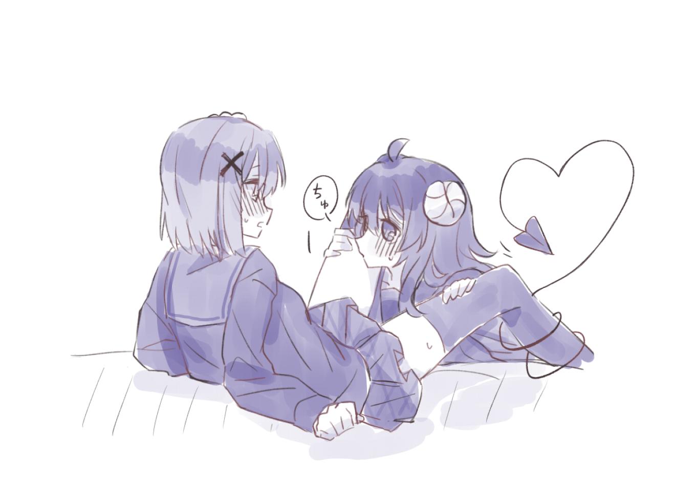 2girls, ahoge, amamiso_(mszm3828), between_thighs, blush, chiyoda_momo, demon_girl, demon_horns
